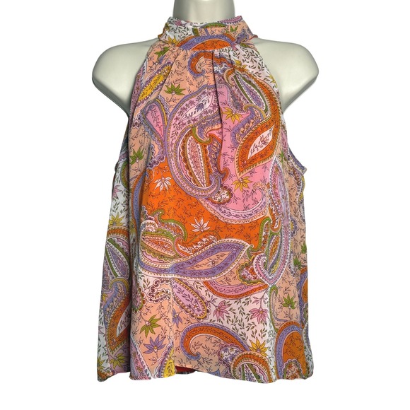 1. State Tops - 1. State Womens Halter Blouse M Orange Pink Paisley Lined Office Brunch Feminine